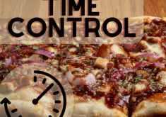 Picture of pizza with a stop watch and the words "time control"