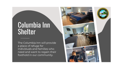 Columbia Inn Shelter open with photos of beds, rooms, people looking in rooms